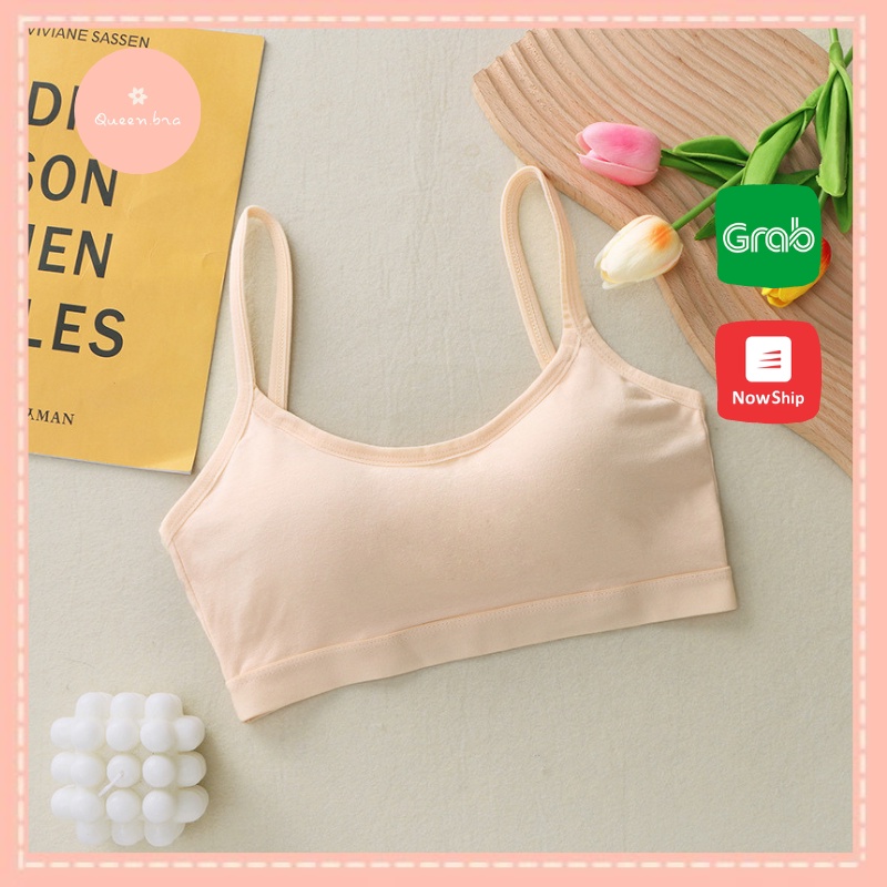 Áo bra có mút liền bàn tay nâng ngực, áo lót vải mềm cotton khoét chữ U cá tính, áo lá học sinh, Queen.Nga