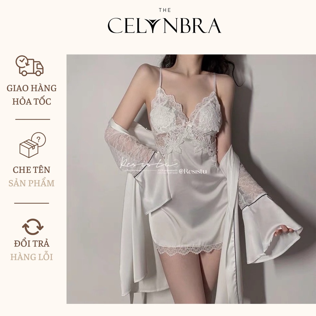 Váy Ngủ Satin Mềm Phối Ren Gợi Cảm Có Đệm Ngực THE CELYNBRA - V28