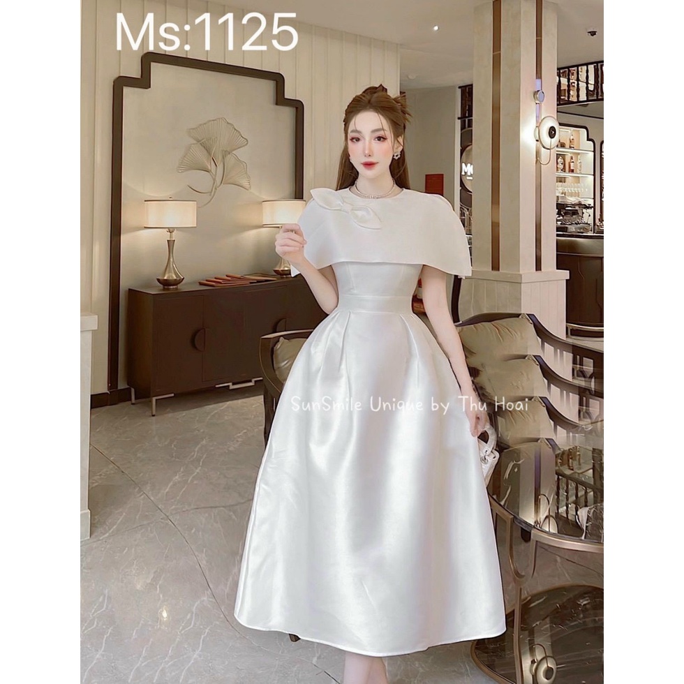 ĐẦM TAFTA PHỦ VAI ĐÍNH HOA CHÉO HỒNG+TRẮNG