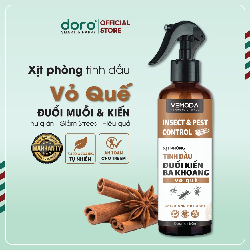 Xịt phòng tinh dầu quế Vemoda dung tích 260ml - đuổi kiến, côn trùng, khử mùi, thơm phòng, thiền định, thư giãn