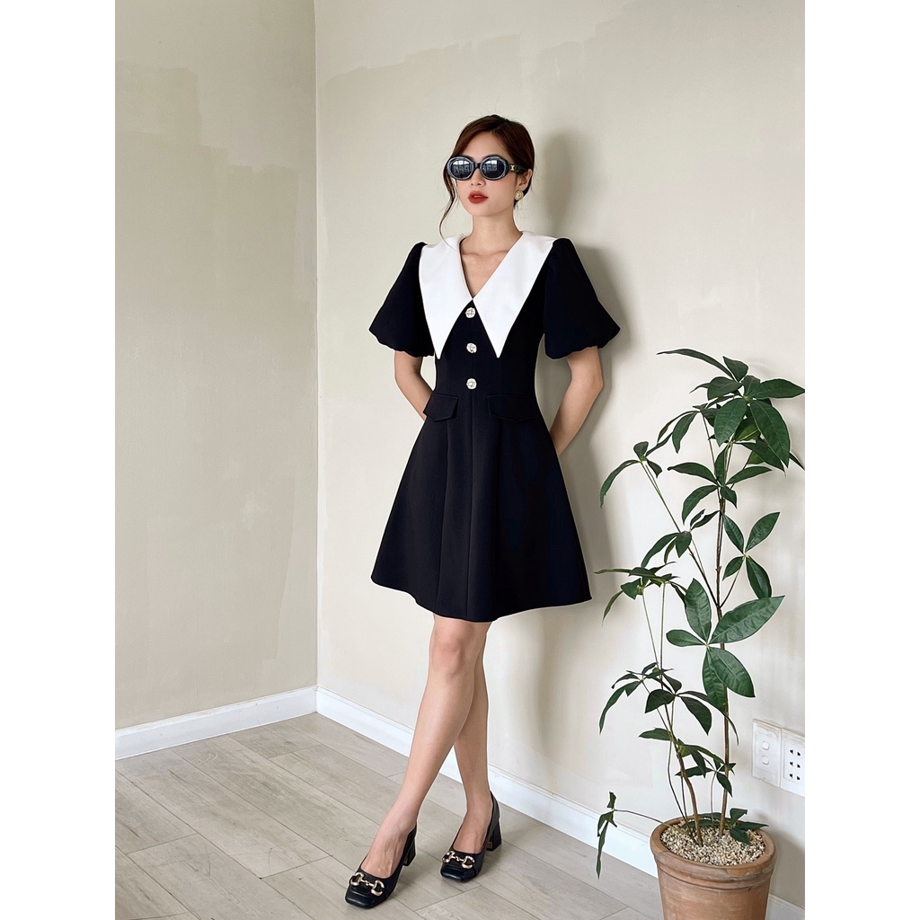 Đầm kiểu cổ tim thiết kế CHARMO tay bí vải cotton lụa nữ tính điệu đà Denny Dress