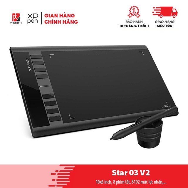 Bảng Vẽ Điện Tử XP-Pen Star 03 v2 12inch Lực Nhấn 8192 Bút Stylus Không Sạc Chính Hãng