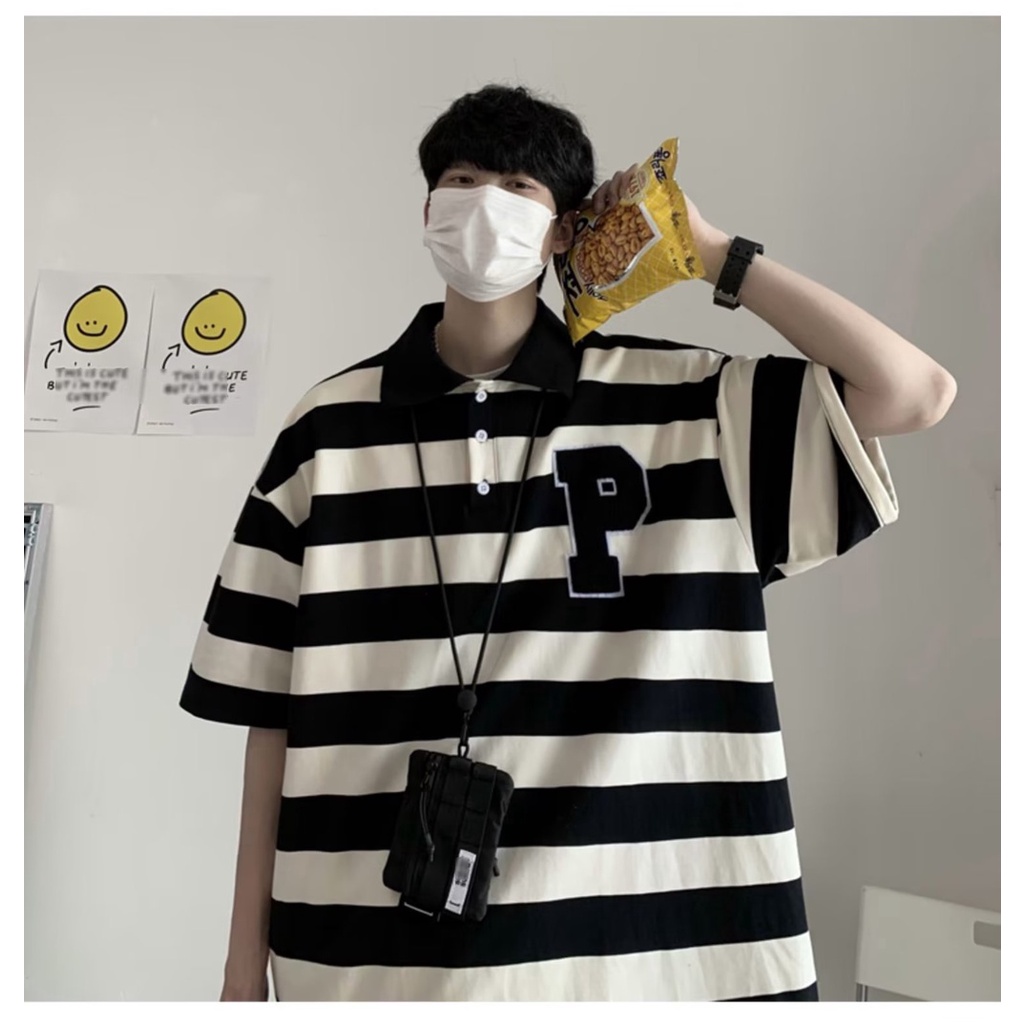 Áo polo Ngắn Tay Dáng Rộng Họa Tiết Kẻ Sọc Phong Cách Đường Phố Nhật Bản Thời Trang Mùa Hè Cho Nam