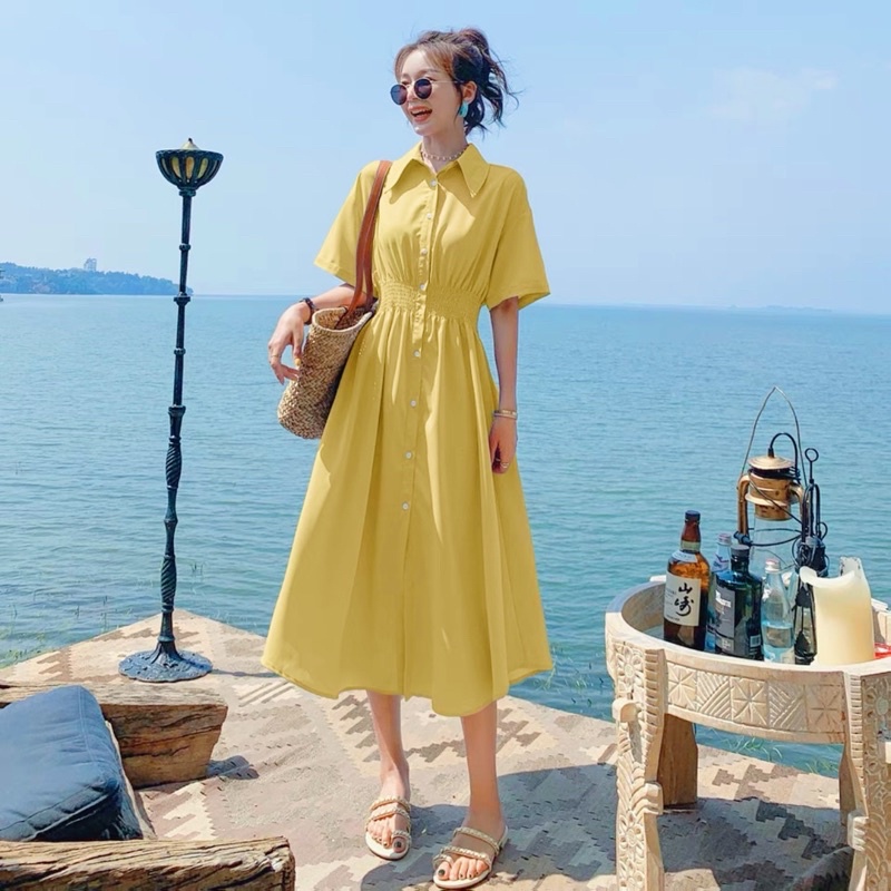 Đầm sơ mi chun eo 2 màu