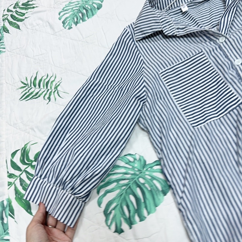 Áo sơmi sọc nữ kiểu dáng thời trang vạt cao, vạt thấp