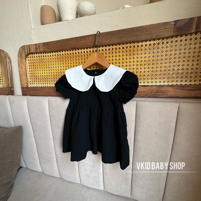 V11 Váy cổ sen trắng Vkid phong cách tiểu thư cho bé gái 5-13kg chất thô cotton