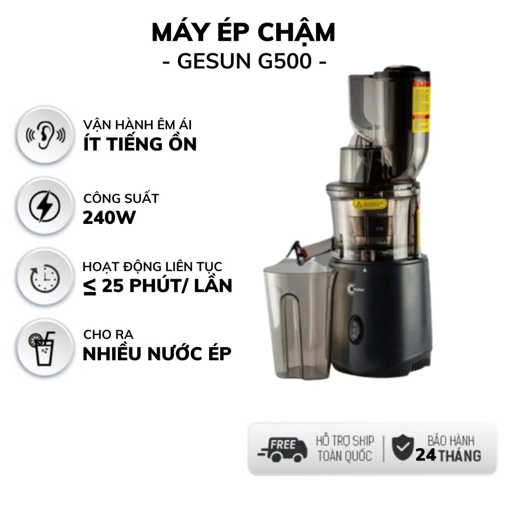 Máy ép chậm Gesun G500 công suất 240W miệng rộng, Máy ép trái cây, hoa quả rau củ kiệt bã kèm lưới làm kem tươi BH 2 năm