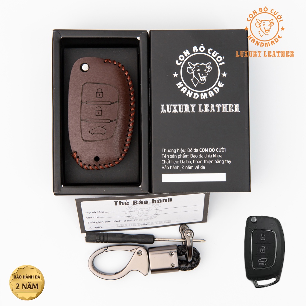 Bao da chìa khóa ô tô xe hơi hyundai i10, solati bản thiếu chìa điện gập da thật chống xước chính hãng