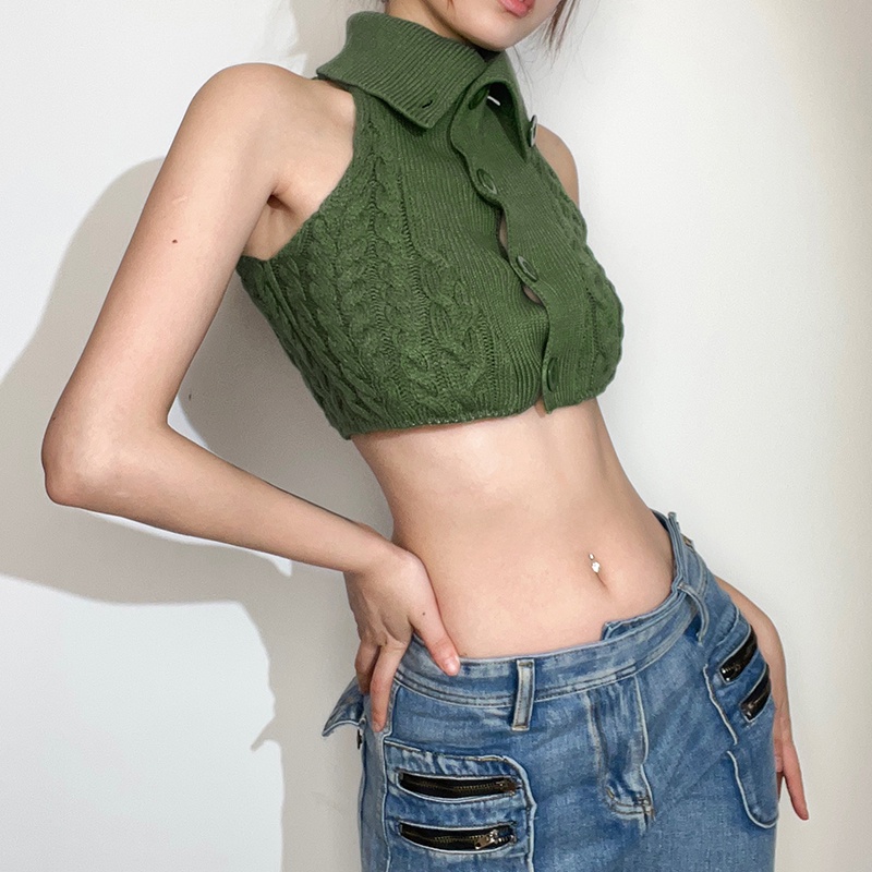 Weird Puss Áo Dệt Kim Sát Nách Cổ Cao Dáng Ôm Màu Trắng / Xanh Lá Phong Cách retro Đường Phố Cho Nữ