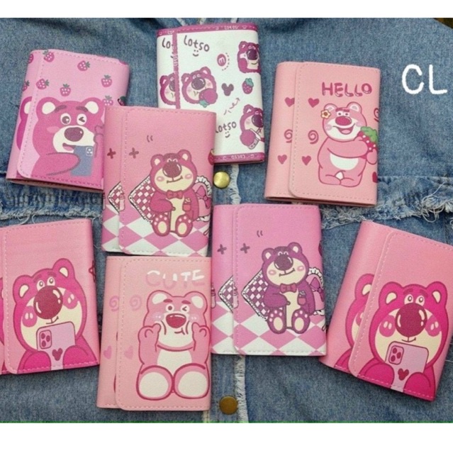 Ví nữ ngắn cầm tay gấp 3 họa tiết gấu dâu cute, in hình dễ thương size 11cm
