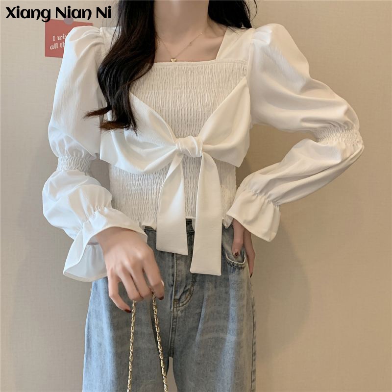 Xiang Nian Ni Áo Sơ Mi Tay Dài Cổ Vuông Thắt Nơ Dáng Ôm Thời Trang Cho Nữ