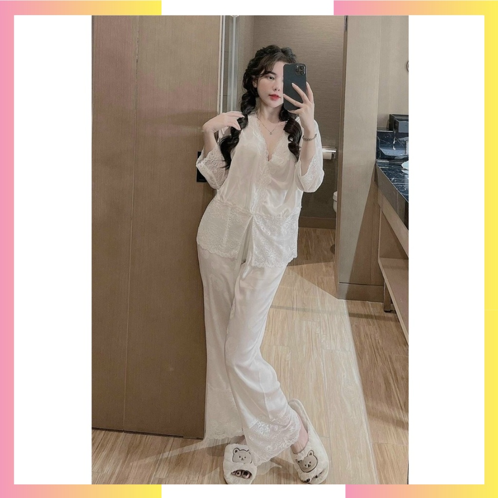 Pyjama,đồ ngủ tiểu thư, đồ bộ tay dài phối ren chất lụa hết chỗ chê Freesize.