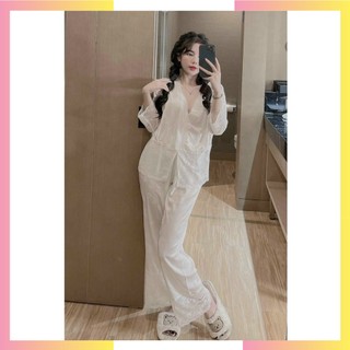 Pyjama,đồ ngủ tiểu thư, đồ bộ tay dài phối ren chất lụa hết chỗ chê Freesize.