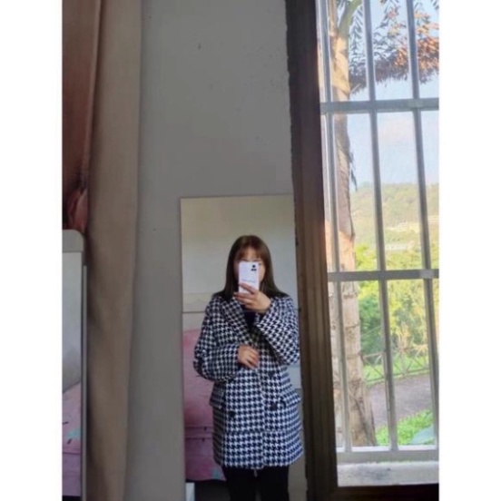 Áo khoác/ Áo dạ phối màu đen trắng kèm belt túi kẻ xinh xắn dành cho nữ