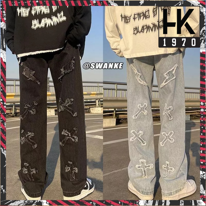 Quần jean nam baggy ống rộng quần bò nam thêu chữ thập phong cách hiphop Q007