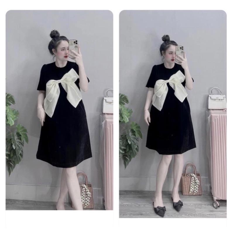 Váy bầu V20 - Đầm bầu Đũi Nơ Chéo Ngực Chất Đũi Mát From Rộng Đi Làm Đi Chơi