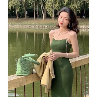 Thanh lý mới Váy dây đeo đính ngọc kiểu ôm sát cổ điển dành cho nữ đầm ôm vải dệt kim classic vintage siêu đẹp siêu xinh
