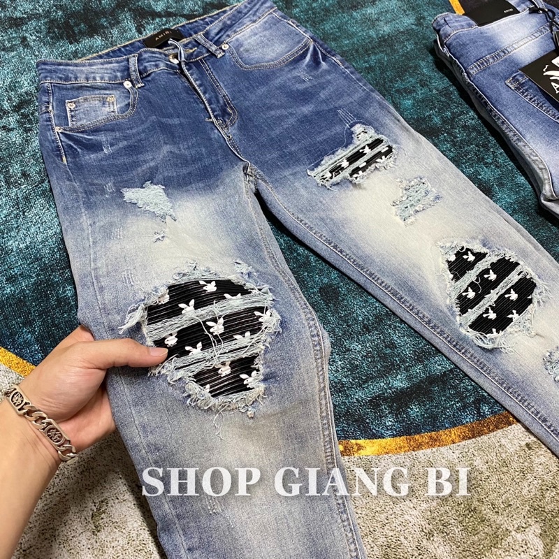 Quần jean Amiri xanh khói Nam khoá đùi phối rách da nhăn thỏ Playboy | BigBuy360 - bigbuy360.vn