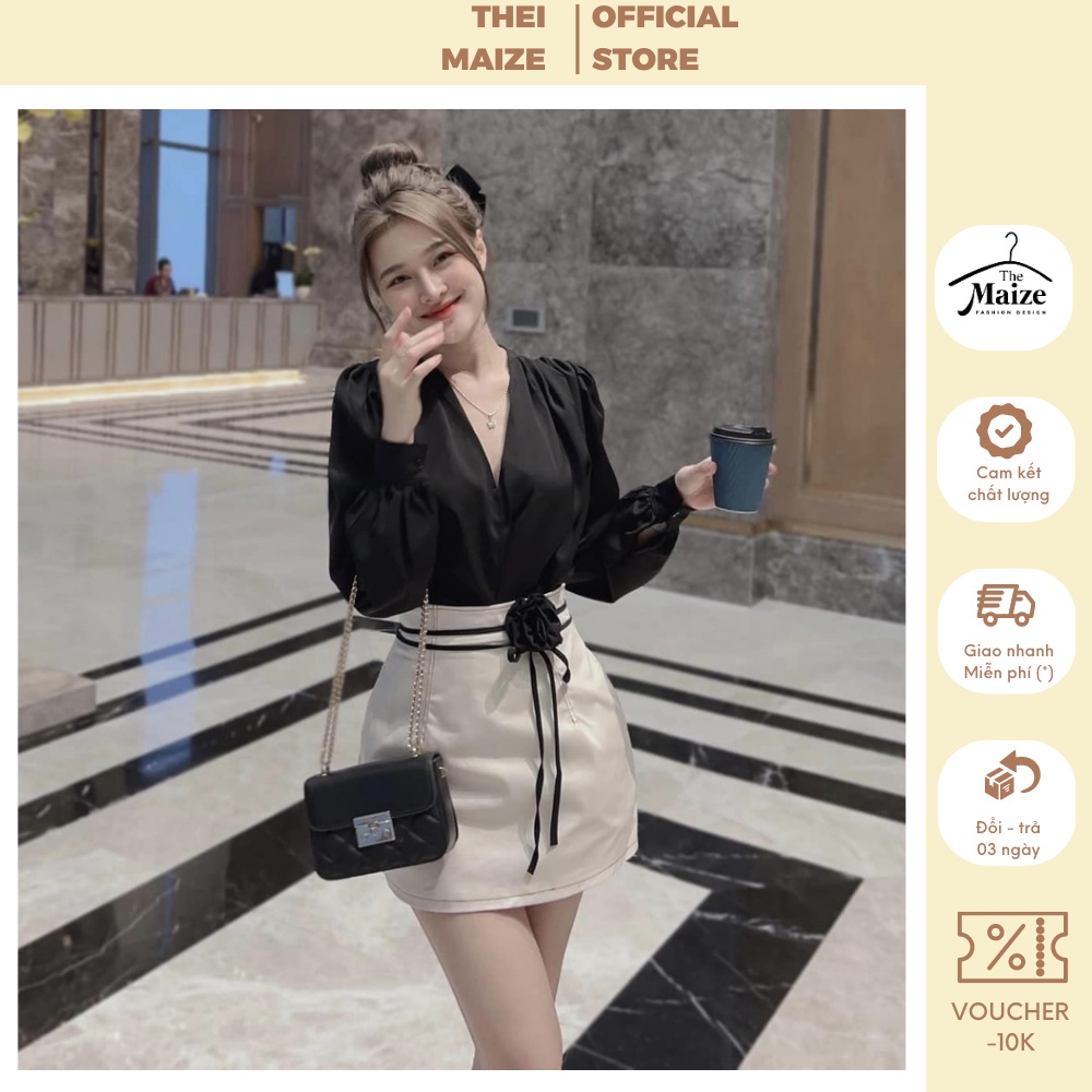 Áo sơ mi nữ trắng kiểu tay phồng chất lụa tằm phối cùng chân váy chữ A ngắn công sở kèm hoa và dây thắt eo siêu xinh