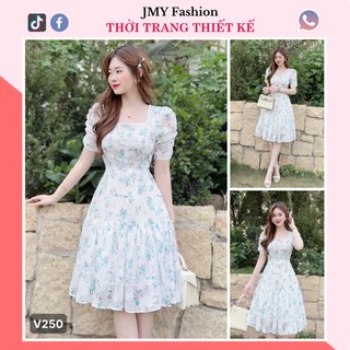 V250, VH250 Váy tơ hoa nhí xanh đuôi cá nữ tính [Rency&Hà Thanh] váy đầm hoa nhí xanh cổ vuông tay nhún