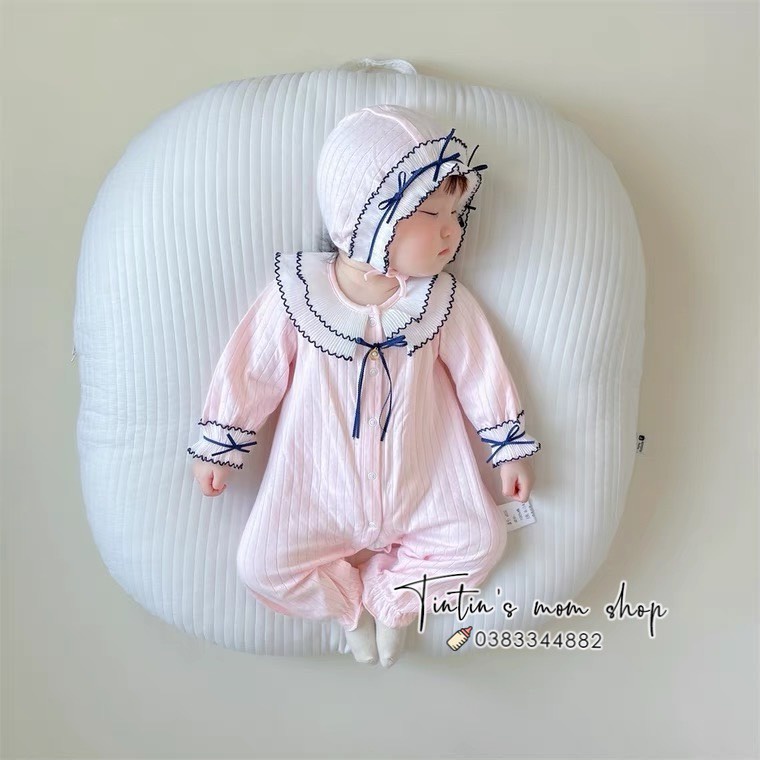 Sét body tiểu thư cao cấp đầy tháng/ thôi nôi MOMOIDEA cổ bèo xanh kèm mũ cho bé gái