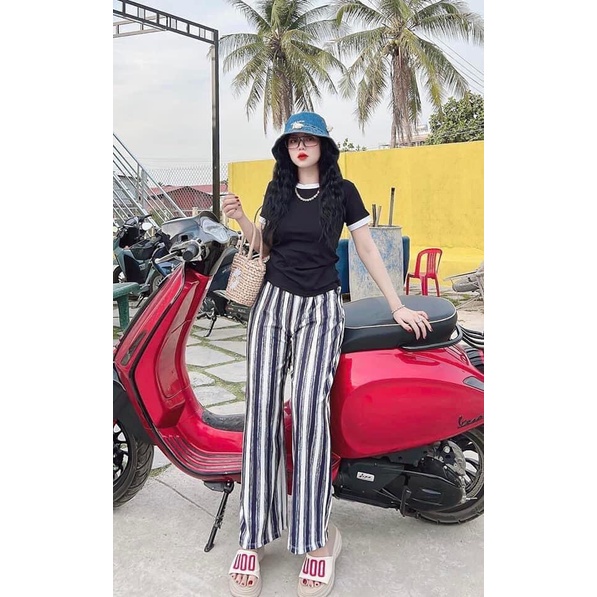 Set áo thun ngắn tay ôm body kèm quần ống rộng kẻ sọc chất thun co dãn mát mịn- set bộ đi chơi nữ dễ thương hàn quốc