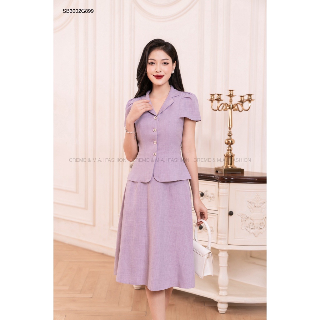 SET BỘ KÍ GIẢ CÔNG SỞ CỔ VEST TAY NGẮN DÁNG XÒE THIẾT KẾ CREME SB3002 | BigBuy360 - bigbuy360.vn