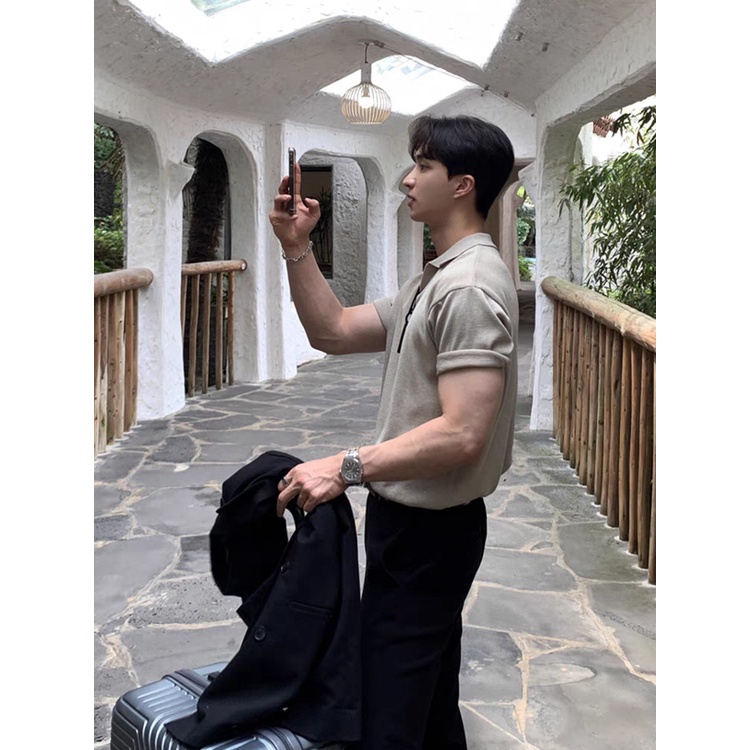 Áo Thun polo Dệt Kim Tay Ngắn Dáng Rộng Đơn Giản Thời Trang Mùa Hè Nhật Bản Cho Nam