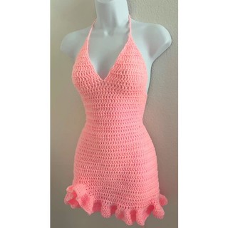 ĐẦM HỒNG PASTEL MÓC LEN SIÊU ĐẸP, 2 DÂY, CÓ BÈO - HANDMADE HIMI052