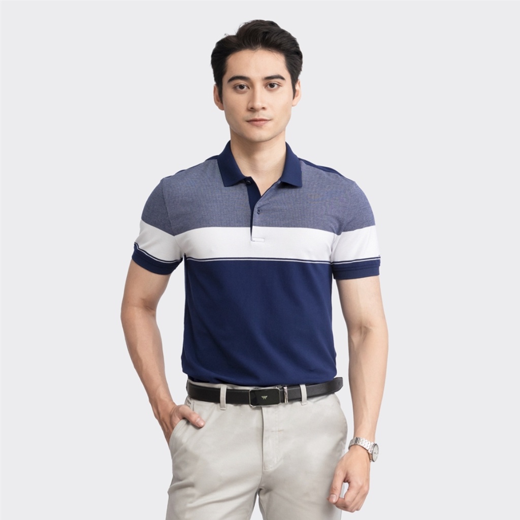 Áo thun polo nam Aristino APS121S3 phông ngắn tay cổ bẻ công sở màu xanh tím than 45 kẻ jacquard vải polyester thể thao