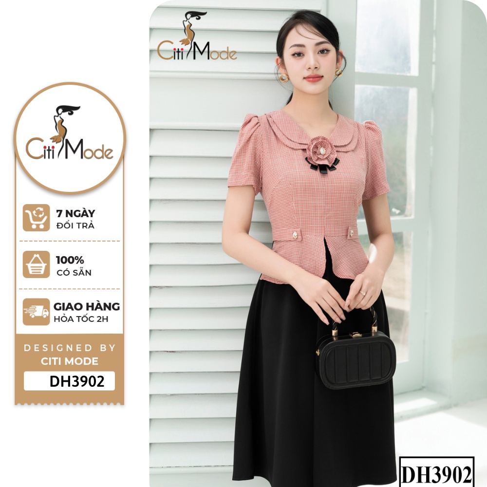 Đầm công sở CITI MODE thiết kế dáng xòe peplum họa tiết caro đỏ phối chân váy đen DH3902