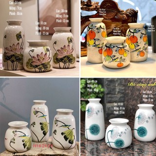  Bộ bình gốm 3 Lọ hoa gốm sứ vẽ tay men lạnh - Gốm bát tràng Yumi Shop YM215 