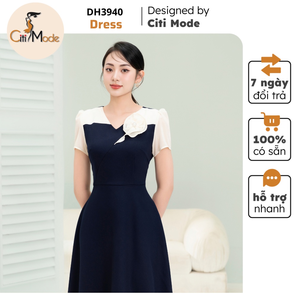 Đầm công sở CITI MODE FASHION thiết kế dáng xòe xanh than thêu hoa DH3940