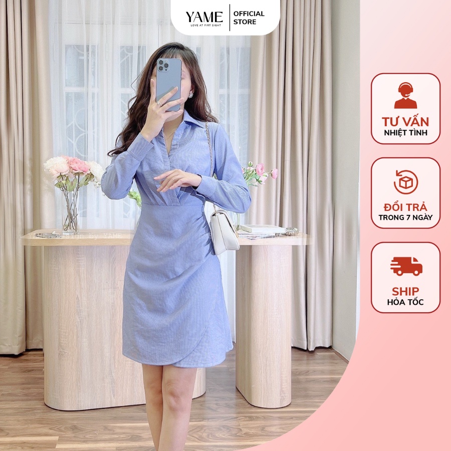 Váy sơ mi xanh nhún eo, váy sơ mi cách điệu 2 YAME