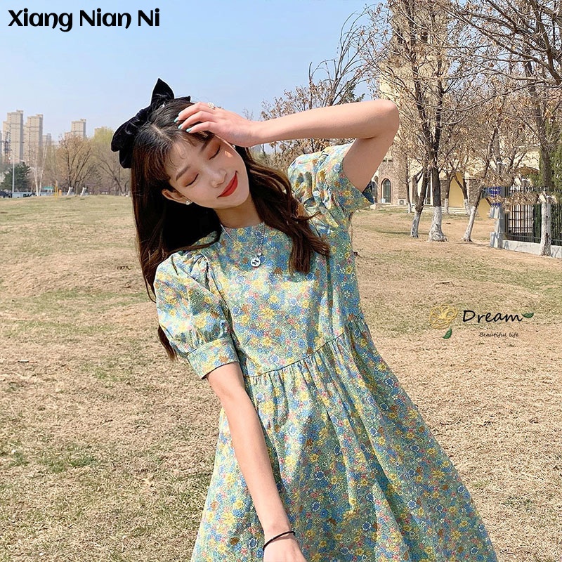 Xiang Nian Ni Đầm Dáng Chữ A Tay Phồng In Họa Tiết Hoa Cúc Thời Trang Xuân Hè Xinh Xắn Cho Nữ