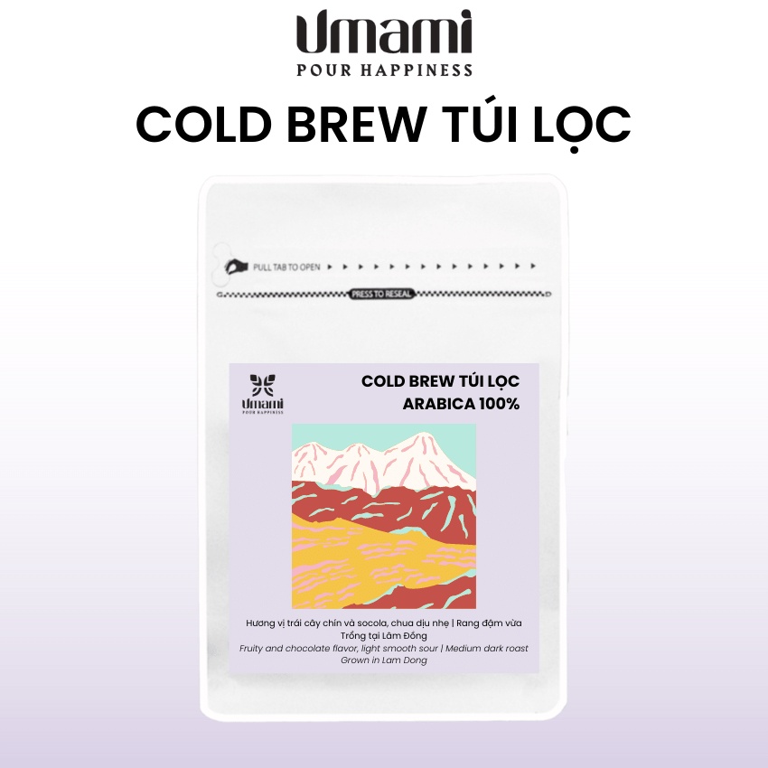 Cà phê Cold Brew túi lọc Arabica 100% nguyên chất rang mộc ủ lạnh - Hương vị trái cây chín, chua dịu nhẹ - UMAMI Coffee