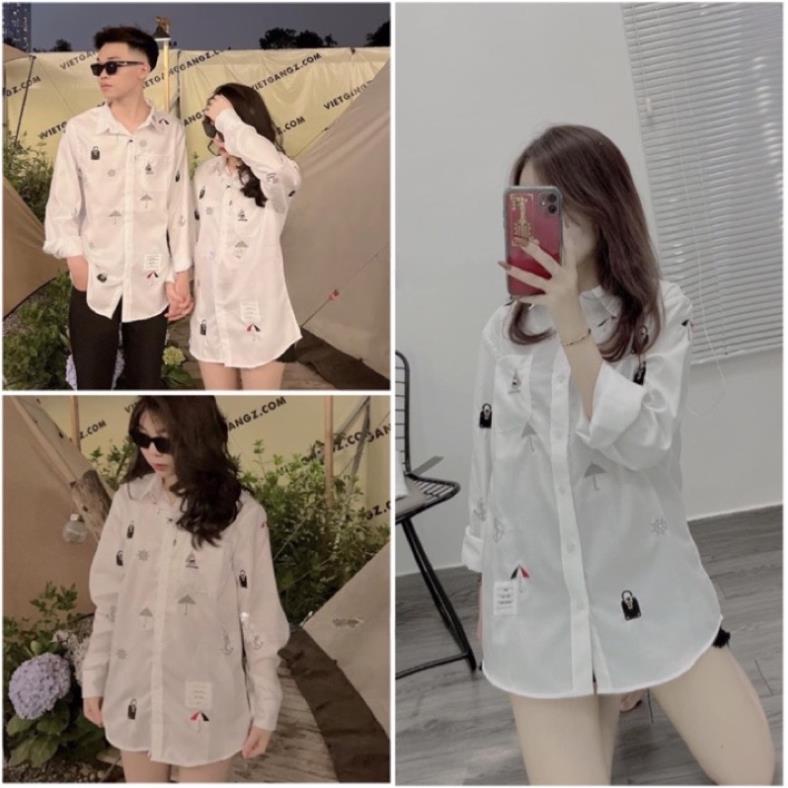 Áo Sơ Mi Nữ Tay Dài Form Rộng Unisex Nam Nữ Ulzzang In Hoạ Tiết Khoá Mỏ Neo Vải Lụa Hàn( Hàng Sẵn, Ảnh Thật)