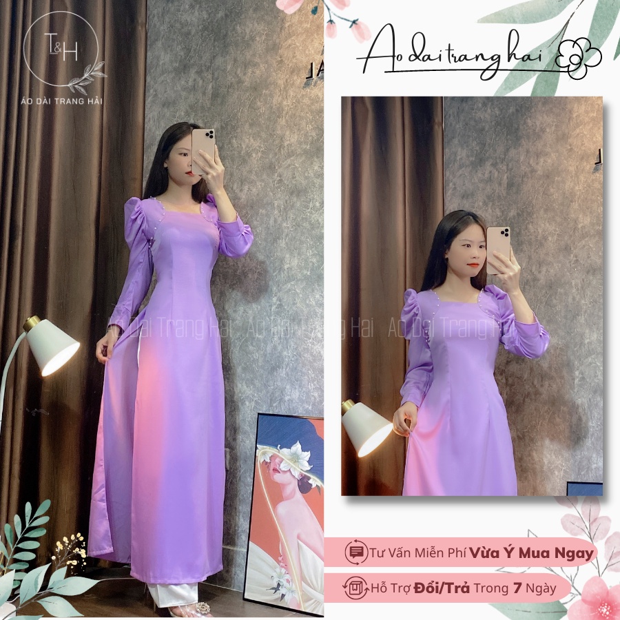 Áo dài cách tân cổ vuông tay bồng đính hạt-Trang Hải