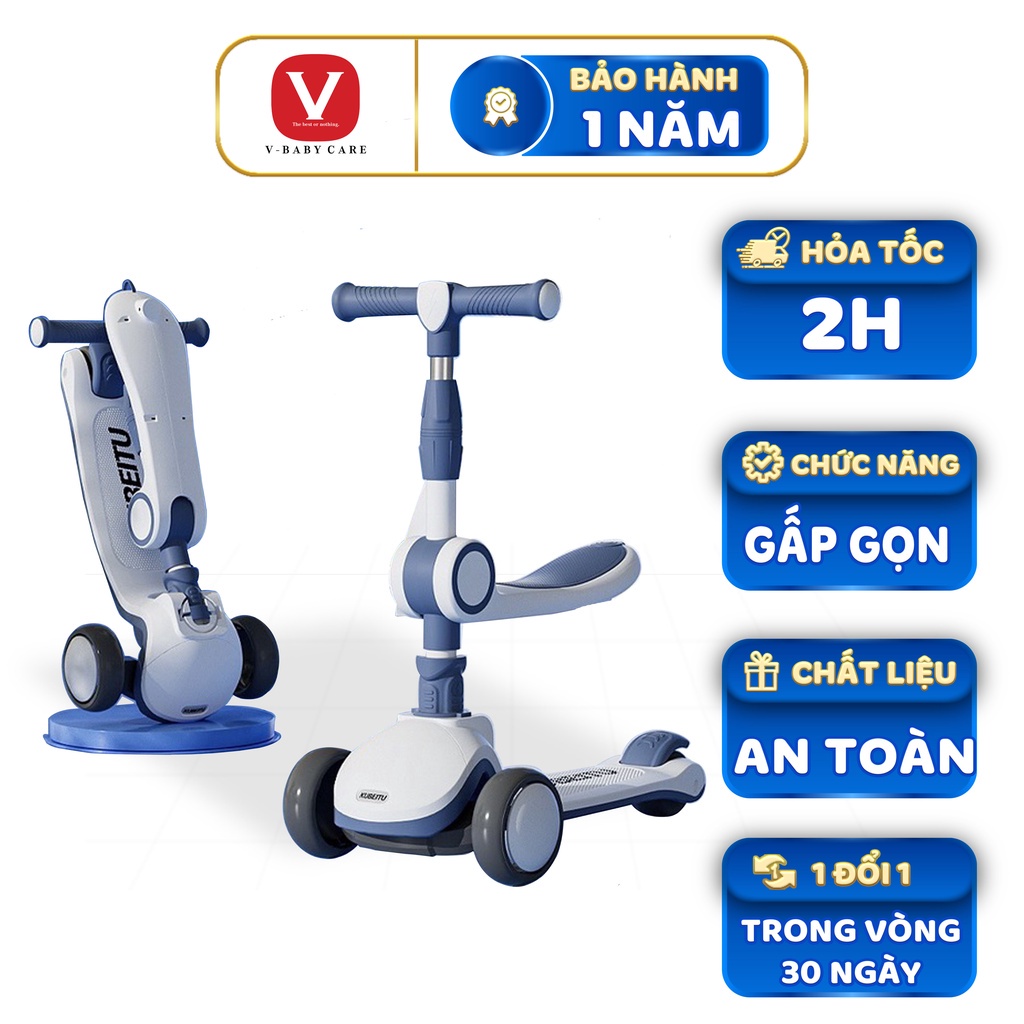 Xe scooter V-Baby cho bé trượt có ghế ngồi có nhạc, bánh xe phát sáng, chịu lực tốt đa chức năng