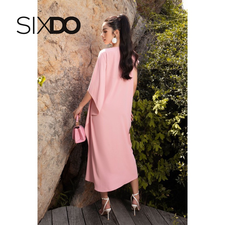 Đầm lụa hồng xẻ tà thời trang SIXDO