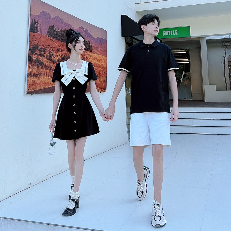 SET ĐỒ ĐÔI TÌNH NHÂN VÁY ĐẦM KIỂU NỮ VÀ ÁO THUN CỔ POLO NAM MÀU ĐEN