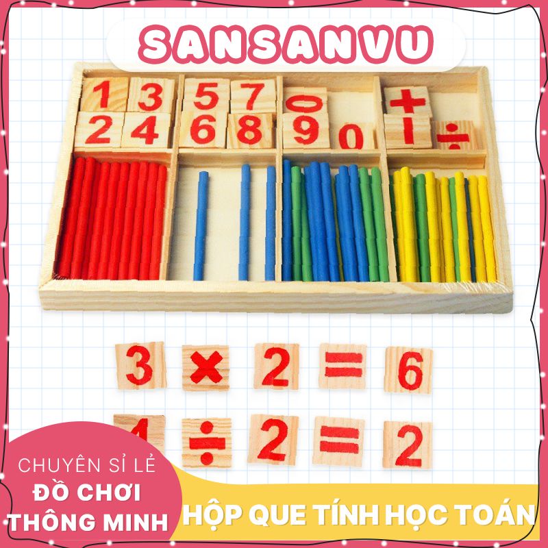Hộp que tính học toán bằng gỗ - bảng tính que học toán cho bé học phép tính, học phép toán