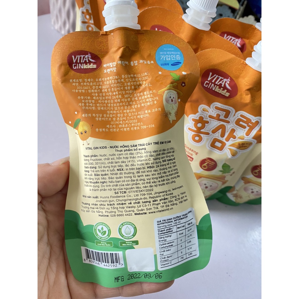 Nước hồng sâm trái cây trẻ em Vital Gin Kids túi 100ml