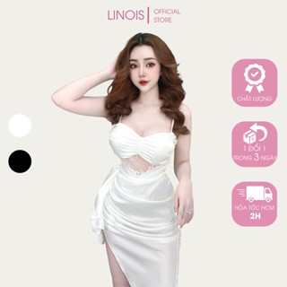   LU34  Đầm Body Hai Dây Tà Chéo Nhún Ngực Phối Ren Eo - Vải Lụa Phối Ren - 2 Màu Trắng Đen - Dành Cho Nàng Đi Tiệc 