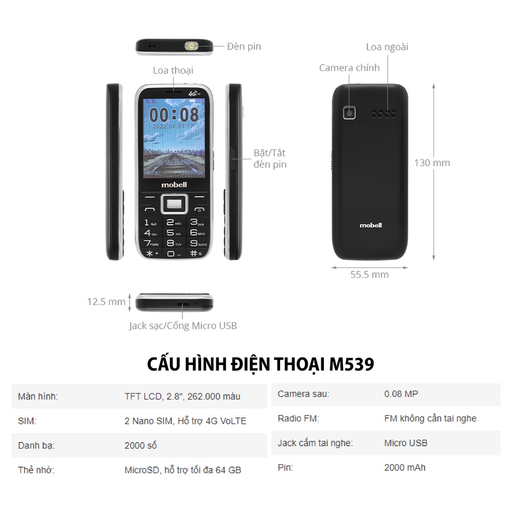 Điện Thoại Mobell M539 Chính Hãng 2 SIM 4G Hỗ Trợ Mở Rộng Bộ Nhớ 64Gb Bảo 12 Tháng