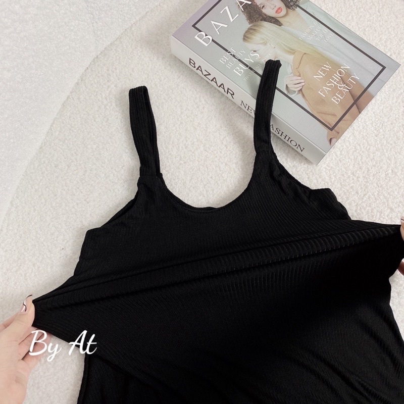 Váy Đầm Đen 2 Dây Thun Tăm Bản To Cổ Vuông Dáng Xoè Siêu Xinh