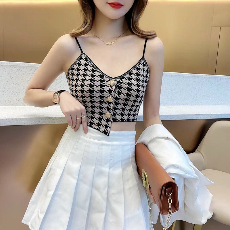 Áo BRa Croptop 2 Dây Cổ Chữ V  Hoạ Tiết Karo Thiết kế Lệch Tà  Quyến Rũ 0095