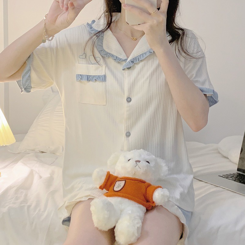 BỘ ĐỒ NGỦ MẶC NHÀ CỘC TAY ĐŨI GÂN VIỀN BÈO HOT 2023