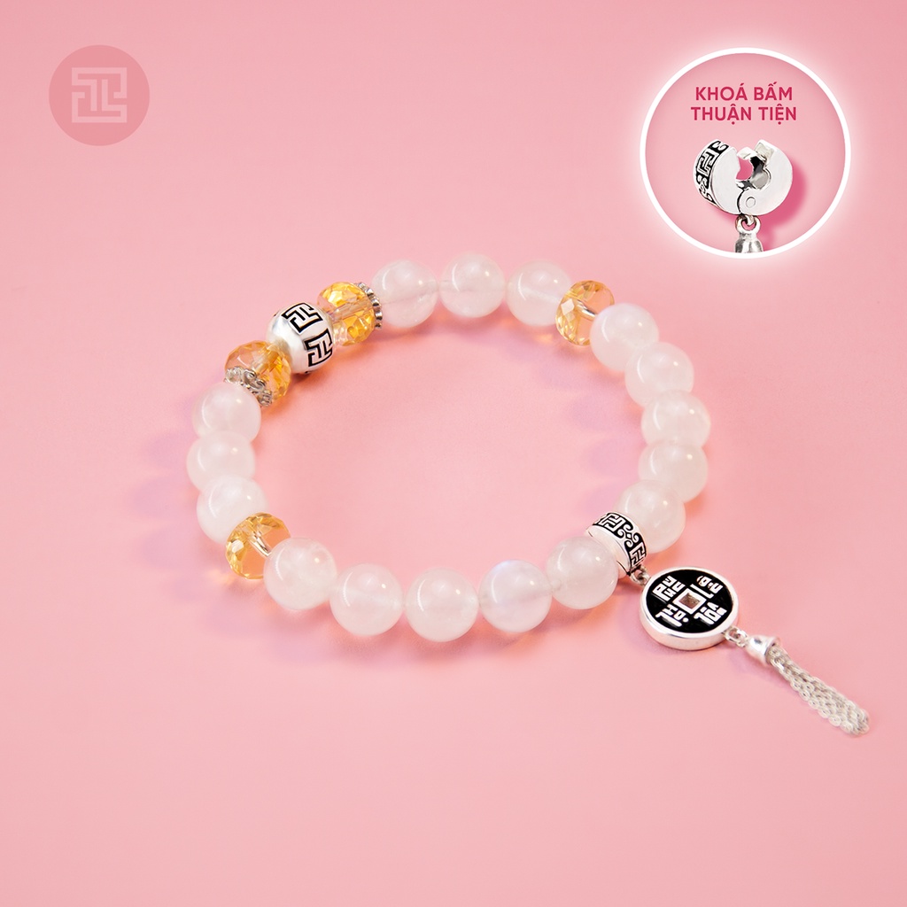 TINH LÂM Vòng Tay Phong Thủy Đá Moonstone 8 Li - Charm Đồng Tiền Dạng Bấm