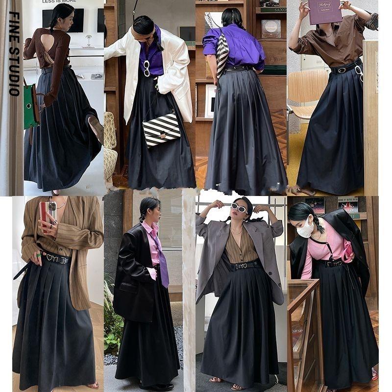 Chân Váy Xếp Ly Dài Tới Mắt Cá Chân Eo Cao Màu Xám Phong Cách Mới Dành Cho Bạn Nữ Studio